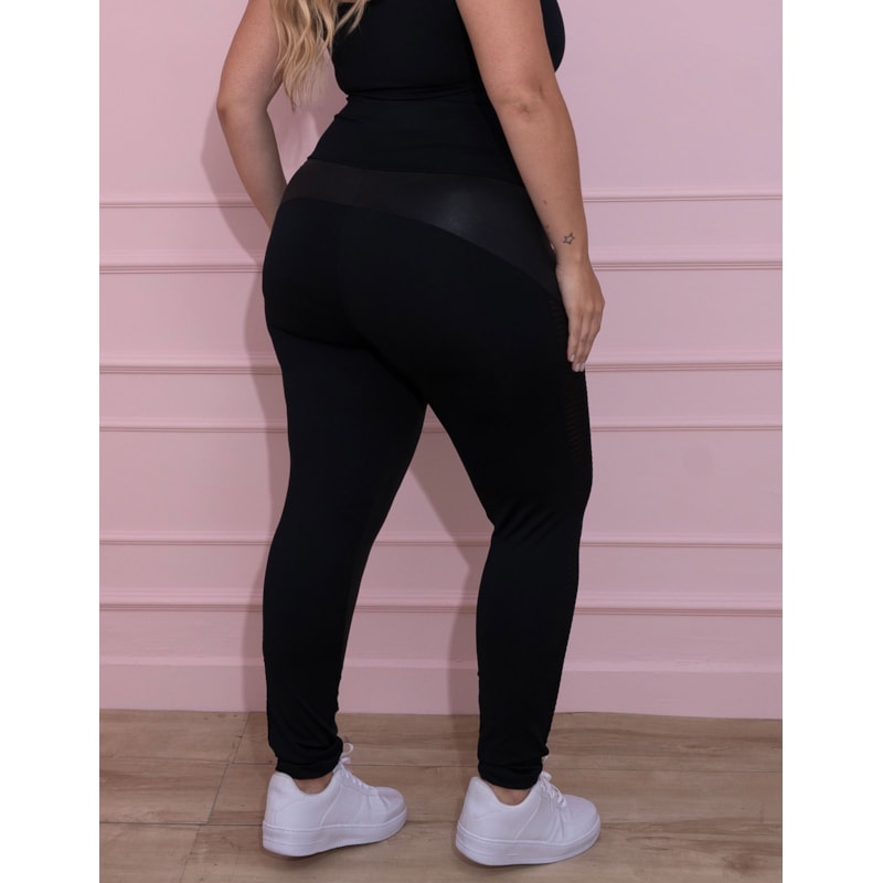 Calça Legging Plus Size Preta Cós Alto com Cirrê e Tela | Ref: 4.4.4372-01