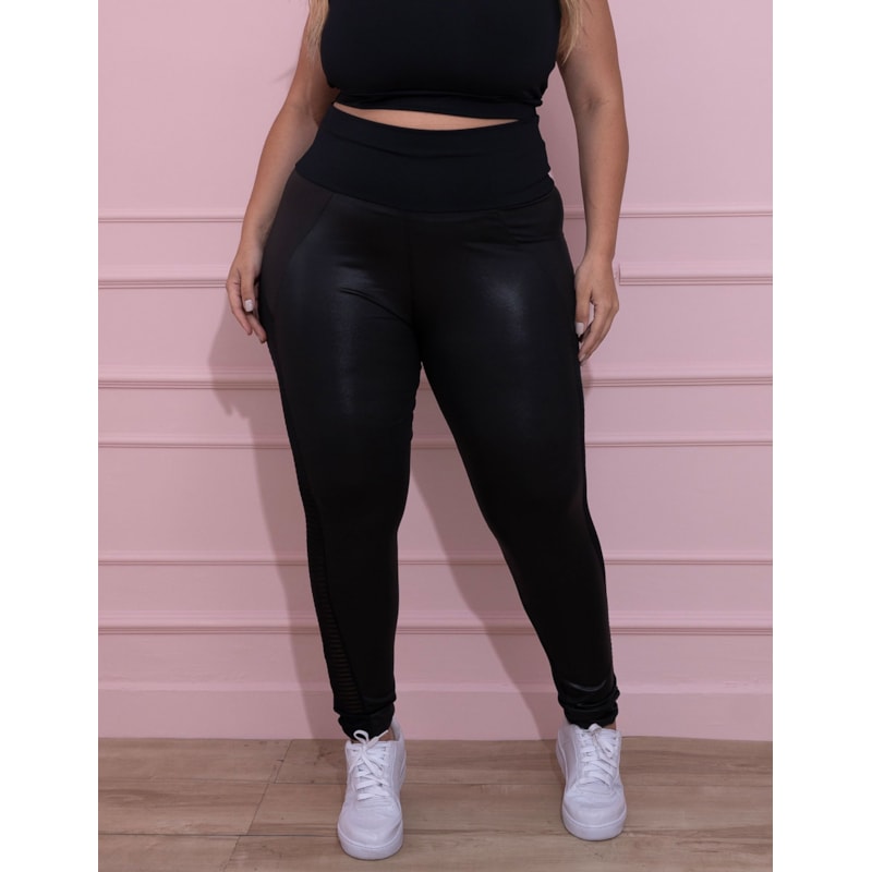 Calça Legging Plus Size Preta Cós Alto com Cirrê e Tela | Ref: 4.4.4372-01