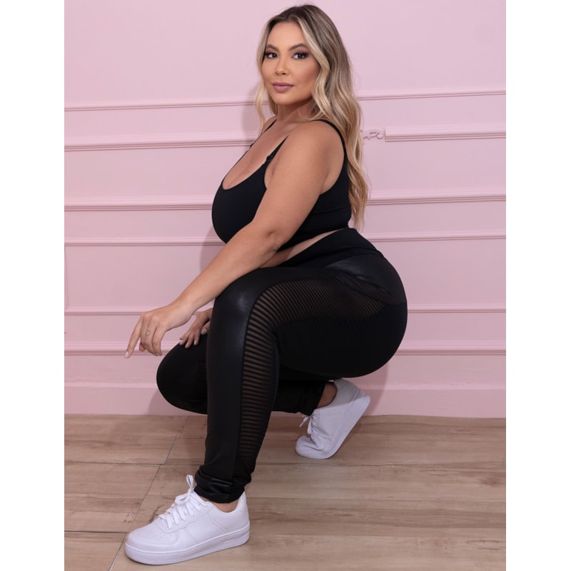Calça Legging Plus Size Preta Cós Alto com Cirrê e Tela | Ref: 4.4.4372-01
