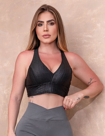 Cropped em Cirrê 3D Preto com Bojo Removível | Ref: 3.3.2559-01