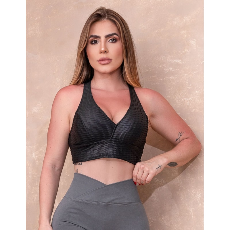 Cropped em Cirrê 3D Preto com Bojo Removível | Ref: 3.3.2559-01