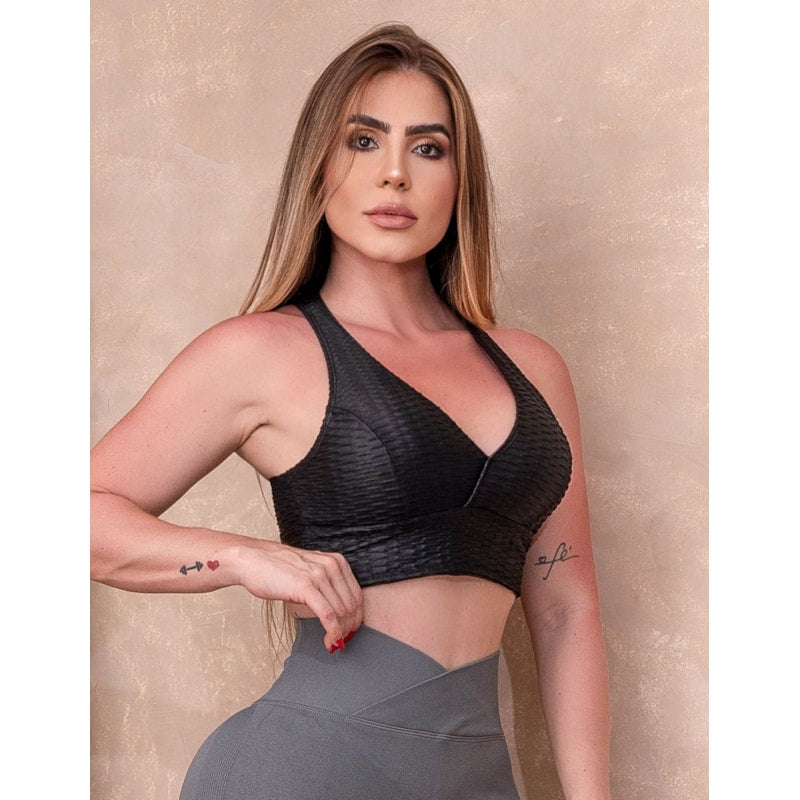 Cropped em Cirrê 3D Preto com Bojo Removível | Ref: 3.3.2559-01