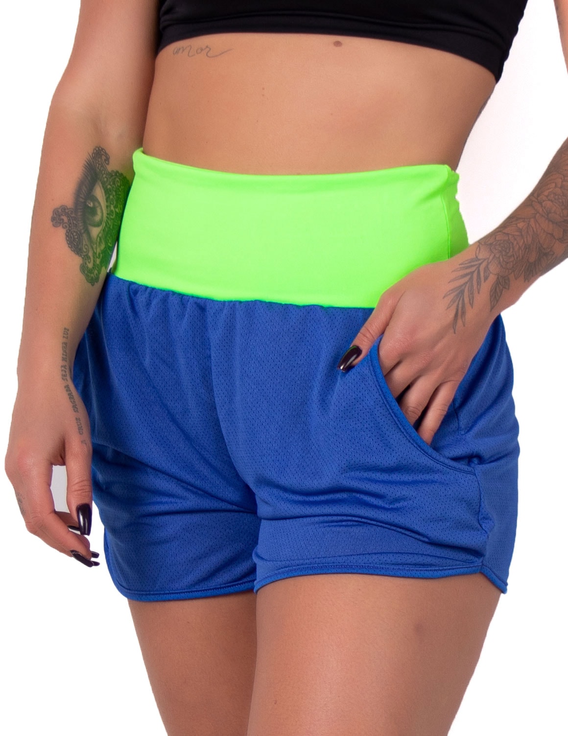 Short Azul Dry Fit com Bolsos e Cós Verde | Ref: 4.4.1722-0605