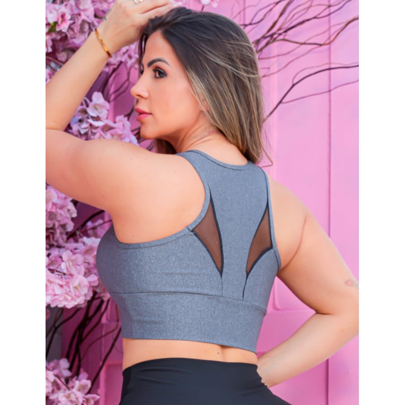 Cropped Feminino com Bojo Removível e Recortes de Tule