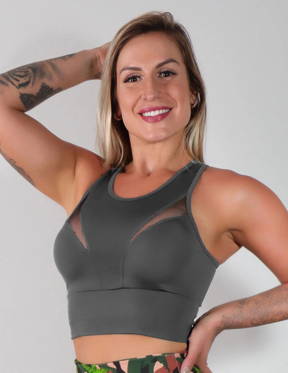 Cropped Grafite com Bojo e Recortes de Tule | Ref: 4.4.4093-28