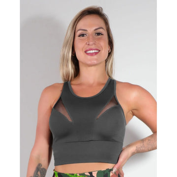 Cropped Grafite com Bojo e Recortes de Tule | Ref: 4.4.4093-28