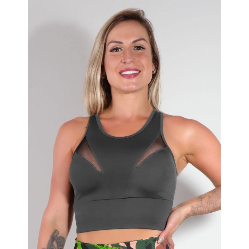 Cropped Grafite com Bojo e Recortes de Tule | Ref: 4.4.4093-28