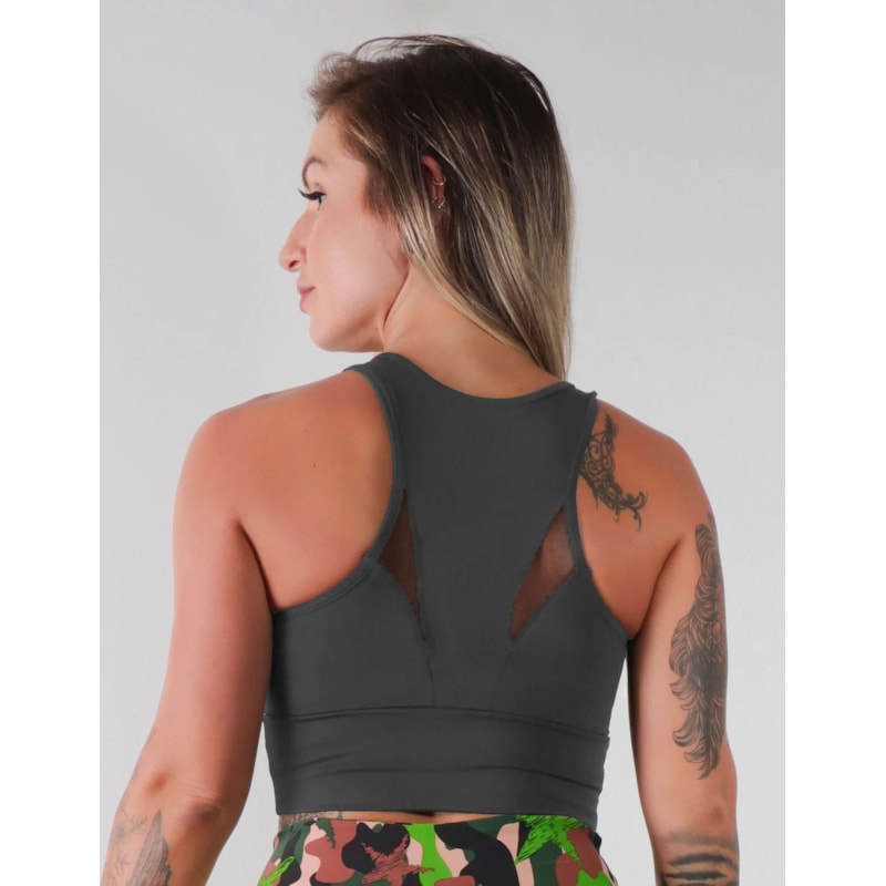 Cropped Grafite com Bojo e Recortes de Tule | Ref: 4.4.4093-28