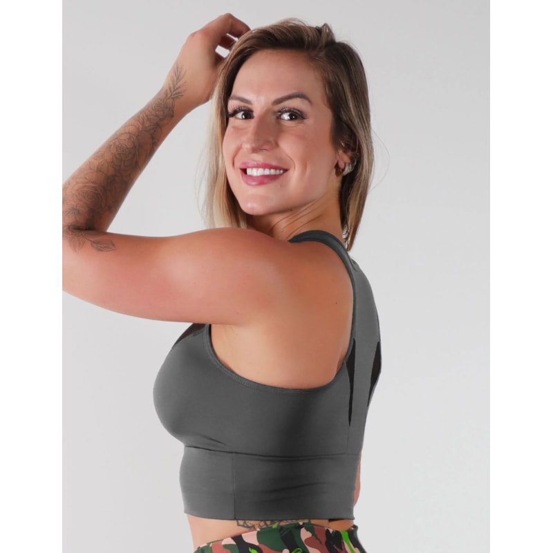 Cropped Grafite com Bojo e Recortes de Tule | Ref: 4.4.4093-28