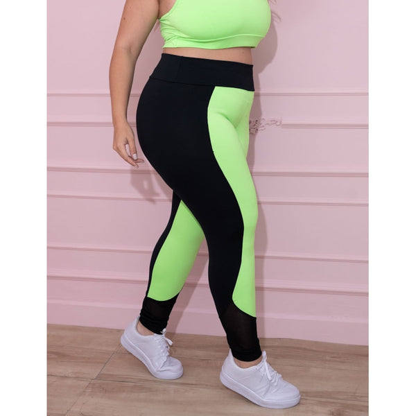 Calça Legging Feminina Plus Size Verde Neon e Preta com Tela | Ref: 4.4.4136-0132