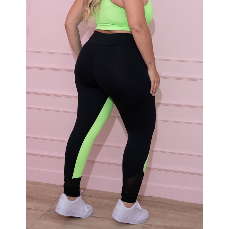 Calça Legging Feminina Plus Size Verde Neon e Preta com Tela | Ref: 4.4.4136-0132