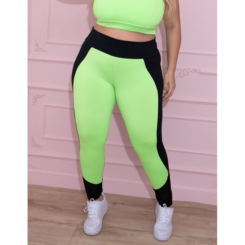 Calça Legging Feminina Plus Size Verde Neon e Preta com Tela | Ref: 4.4.4136-0132