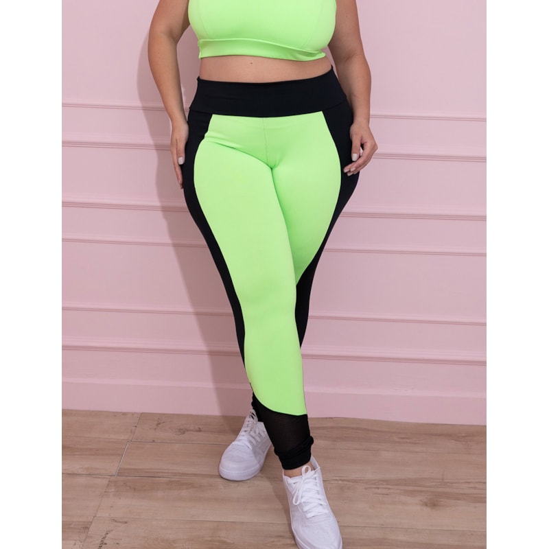 Calça Legging Feminina Plus Size Verde Neon e Preta com Tela | Ref: 4.4.4136-0132