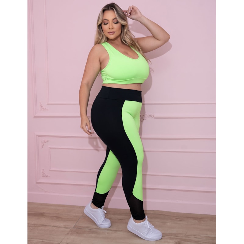 Calça Legging Feminina Plus Size Verde Neon e Preta com Tela | Ref: 4.4.4136-0132
