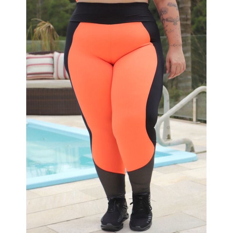 Calça Plus Size Fitness Laranja Neon e Preta com Tela nas Pernas | Ref: 4.4.4136-3701