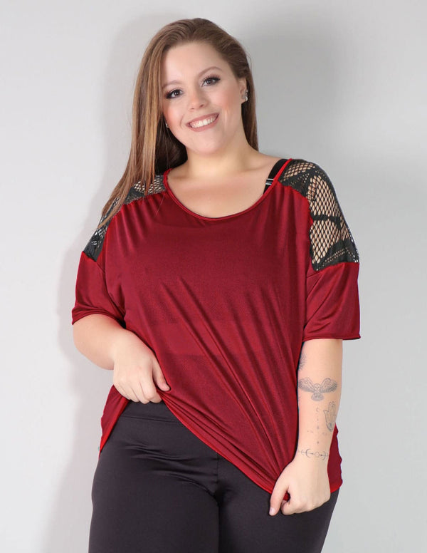 Blusa Plus Size Vinho em Dry Fit com Tela Preta | Ref: 4.4.4143-24