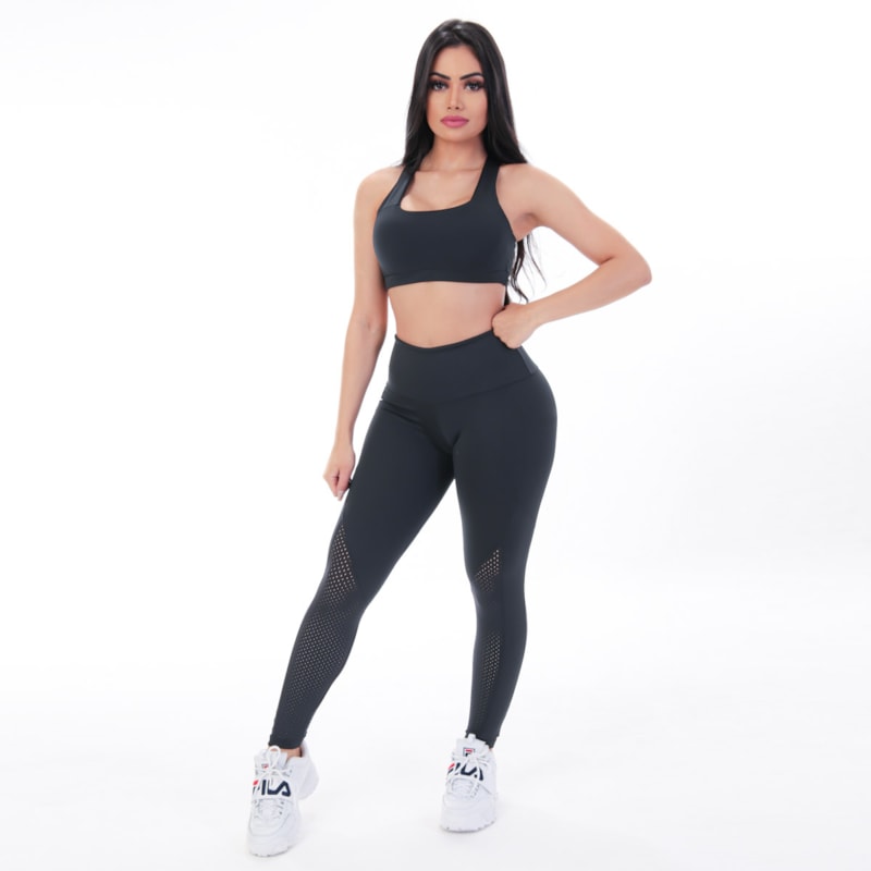 Calça Fitness Preta com Tela de Poliamida | Ref: 4.4.4159-01