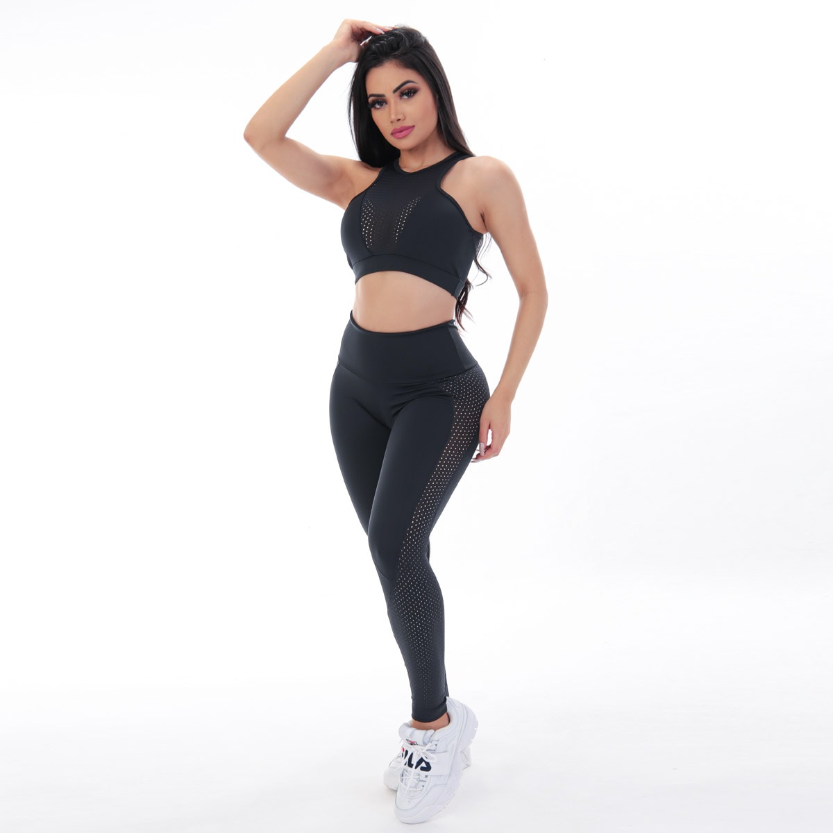 Calça Legging Preta com Recortes em Tela de Poliamida | Ref: 4.4.4160-01