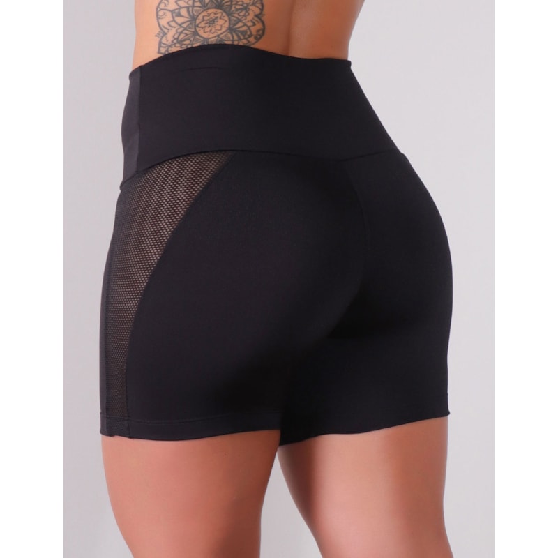 Short Preto com Recortes Laterais de Tela Preta | Ref: 4.4.4192-01
