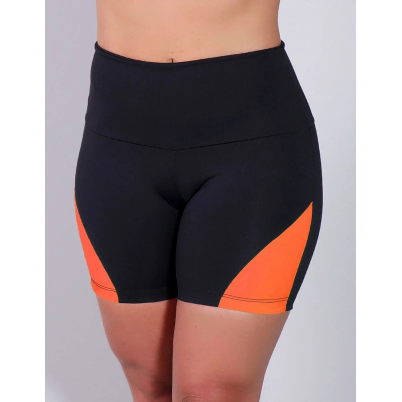Shortinho Fitness Preto com Recortes Laranja Neon | Ref: 4.4.4198-0137