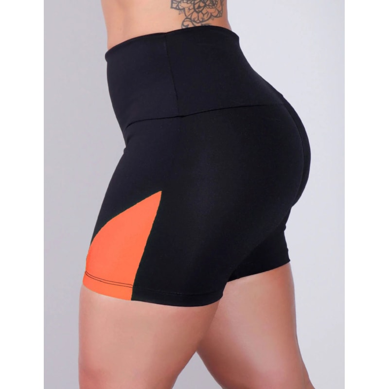 Shortinho Fitness Preto com Recortes Laranja Neon | Ref: 4.4.4198-0137