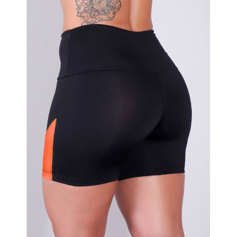 Shortinho Fitness Preto com Recortes Laranja Neon | Ref: 4.4.4198-0137