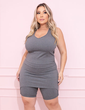 Macaquinho Fitness Plus Size Mescla com Saia Tapa Bumbum | Ref: 4.4.4269-03