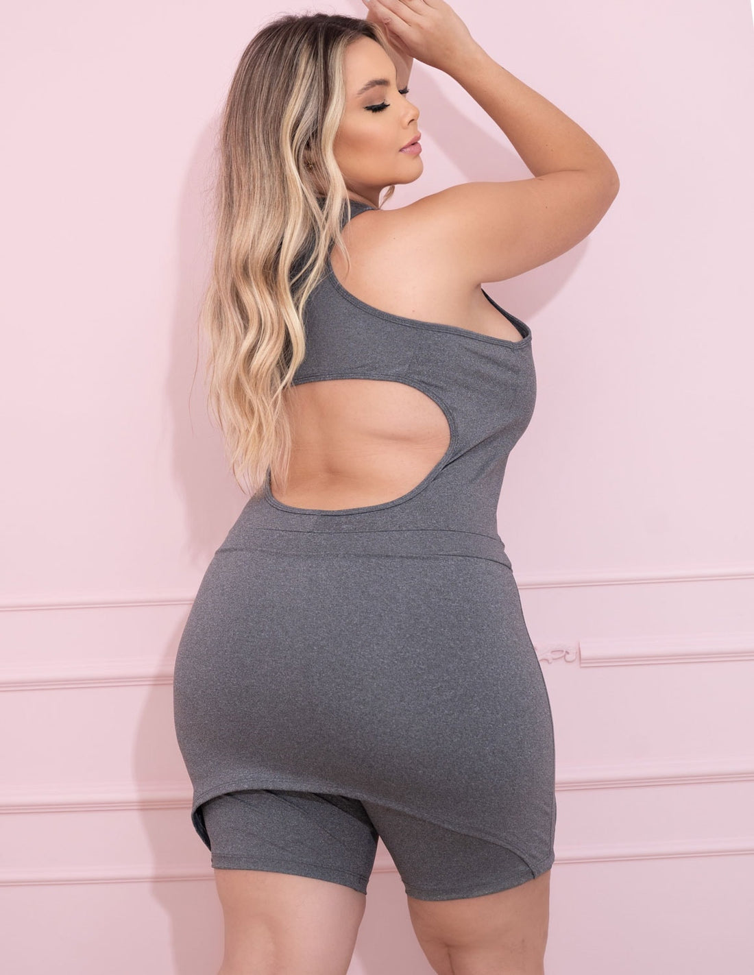Macaquinho Fitness Plus Size Mescla com Saia Tapa Bumbum | Ref: 4.4.4269-03