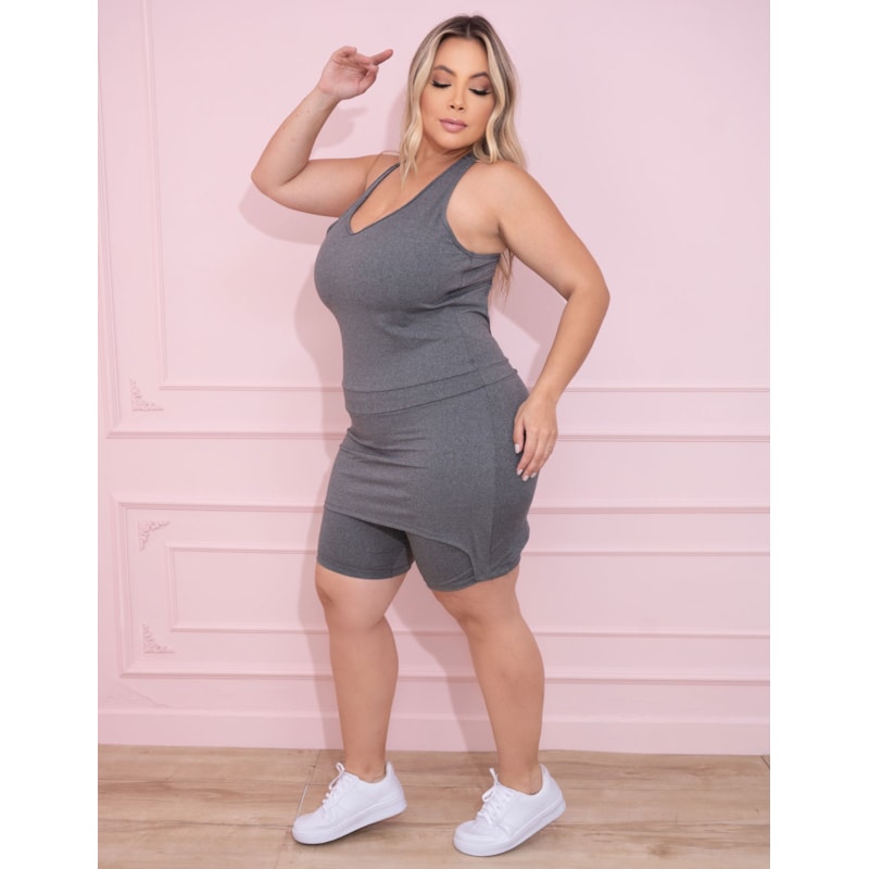 Macaquinho Fitness Plus Size Mescla com Saia Tapa Bumbum | Ref: 4.4.4269-03