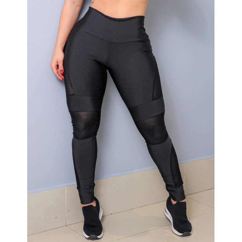 Calça Legging Punho Preta com Recortes de Tela | Ref: 4.4.4285-01