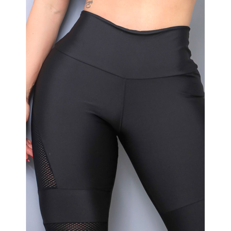 Calça Legging Punho Preta com Recortes de Tela | Ref: 4.4.4285-01