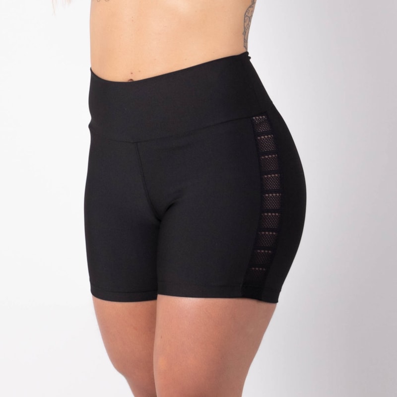 Short Preto com Recortes em Tela nas Laterais | Ref: 4.4.4321-01