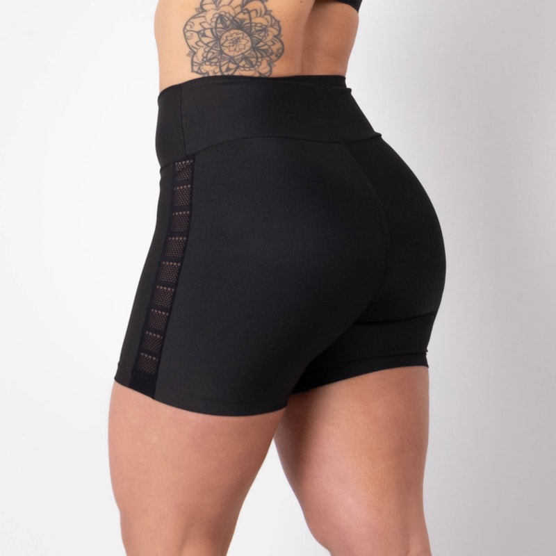 Short Preto com Recortes em Tela nas Laterais | Ref: 4.4.4321-01