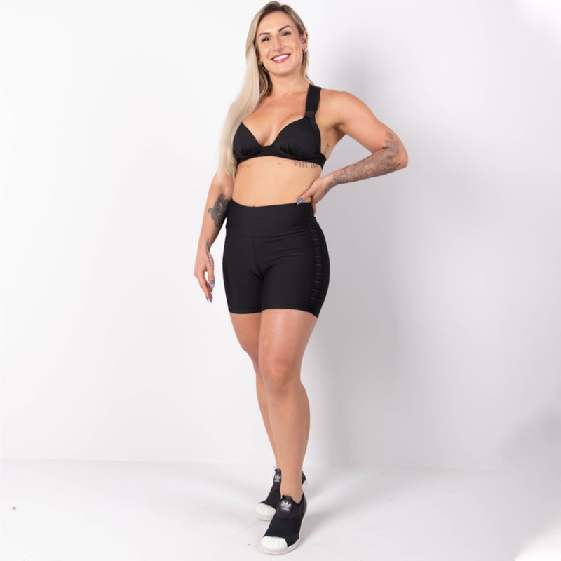 Short Preto com Recortes em Tela nas Laterais | Ref: 4.4.4321-01