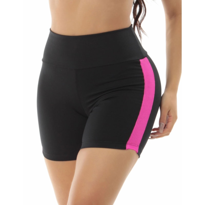 Short Preto Fitness com Recortes de Tela Rosa | Ref: 4.4.4321-0107