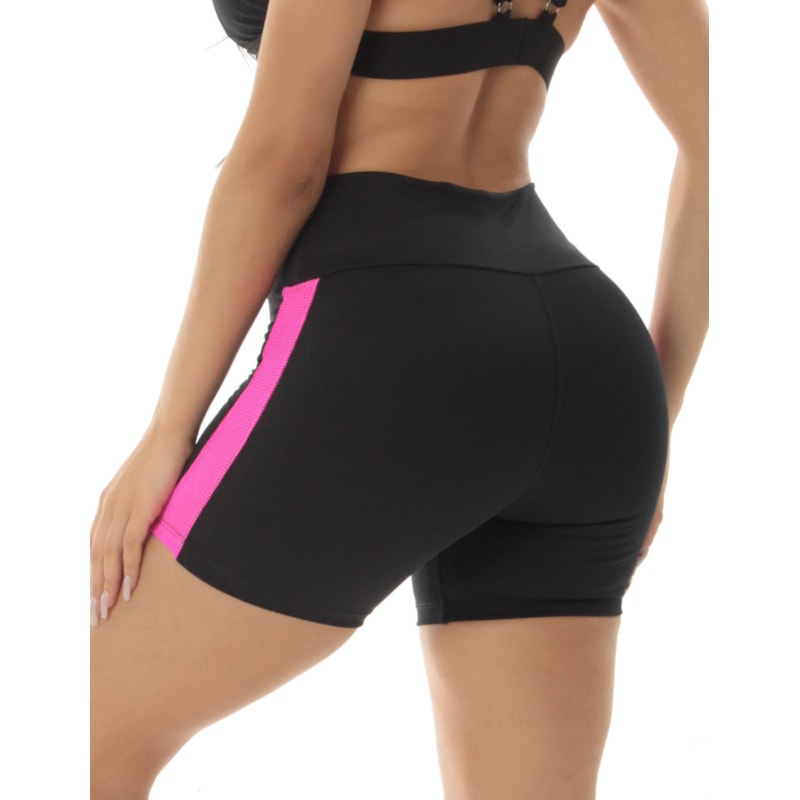 Short Preto Fitness com Recortes de Tela Rosa | Ref: 4.4.4321-0107