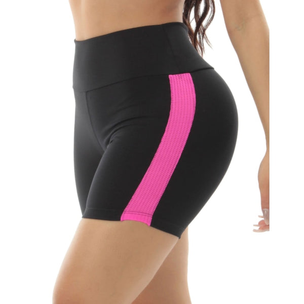 Short Preto Fitness com Recortes de Tela Rosa | Ref: 4.4.4321-0107