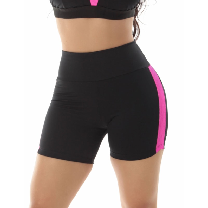 Short Preto Fitness com Recortes de Tela Rosa | Ref: 4.4.4321-0107