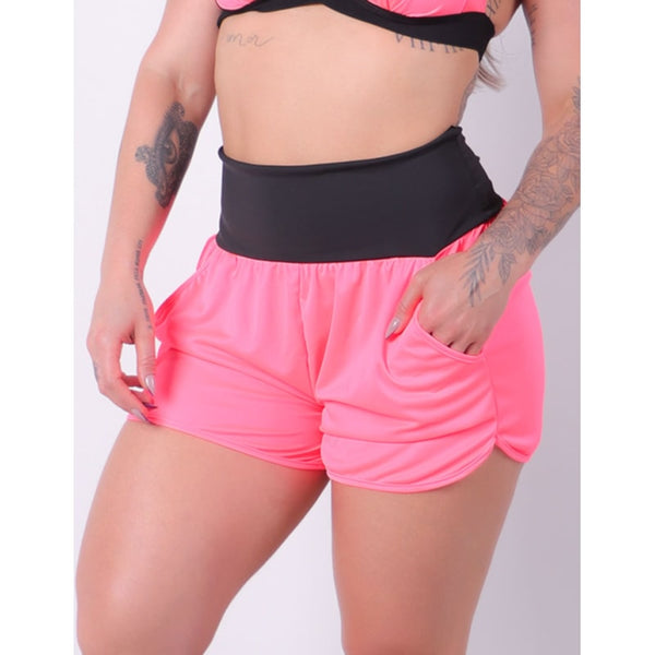 Short Feminino Rosa Neon em Dry Fit com Bolsos Laterais | Ref: 4.4.4362-39