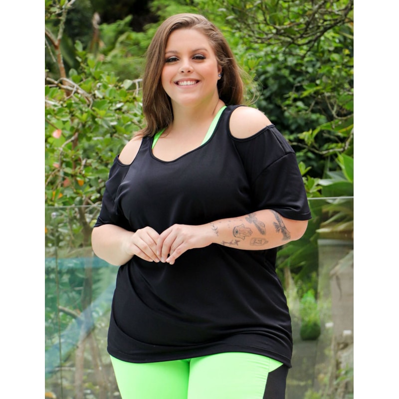 Blusa Plus Size Preta de Piquet de Poliéster | Ref: 4.4.4363-01