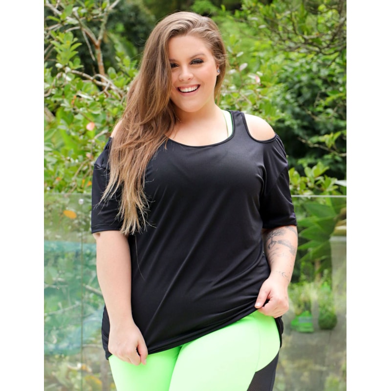 Blusa Plus Size Preta de Piquet de Poliéster | Ref: 4.4.4363-01