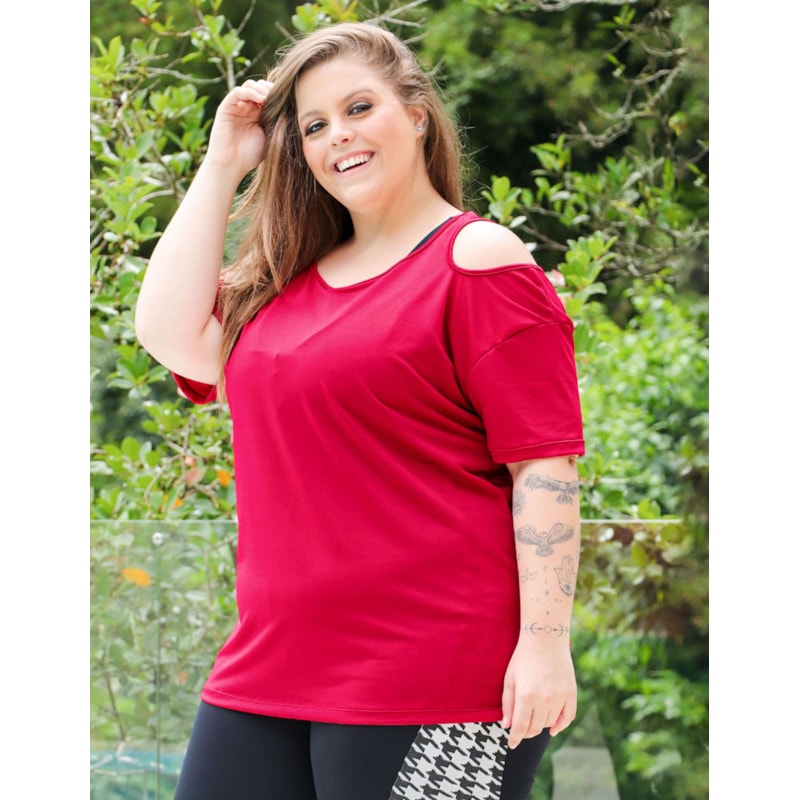 Blusa Fitness Plus Size Piquet  Vinho com Recorte nos Ombros | Ref: 4.4.4363-24