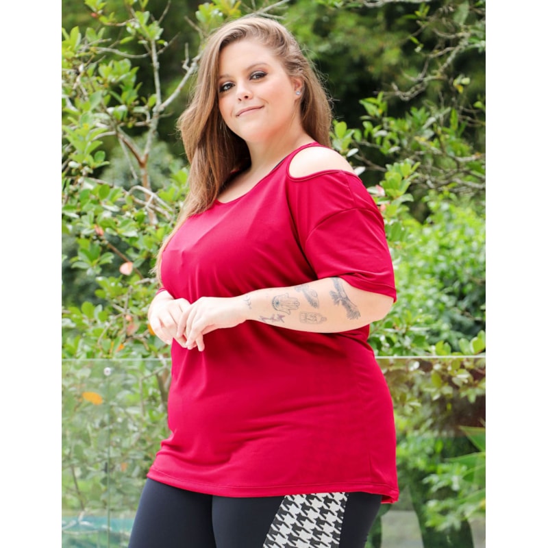 Blusa Fitness Plus Size Piquet  Vinho com Recorte nos Ombros | Ref: 4.4.4363-24