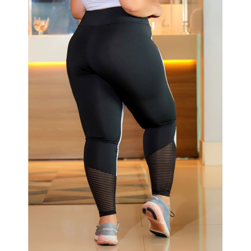 Calça Plus Size Preta e Branca com Jacquard Texturizado e Tela | Ref: 4.4.4371-0102