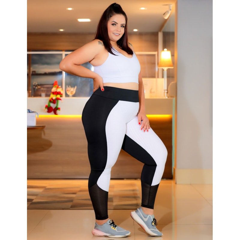 Calça Plus Size Preta e Branca com Jacquard Texturizado e Tela | Ref: 4.4.4371-0102