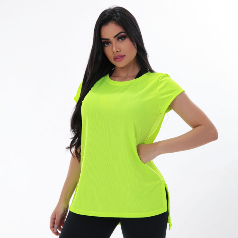 Blusa Fitness Alongada Amarelo Neon em Dry Fit com Manguinhas | Ref: 4.4.4385-36