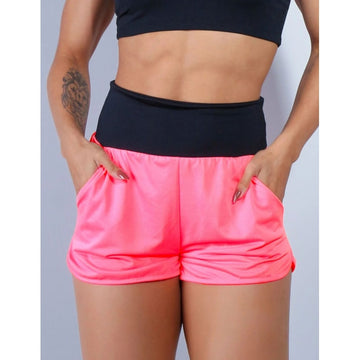 Short Fitness Dry Fit Rosa Neon com Bolsos e Cós Preto | Ref: 4.4.4391-3901