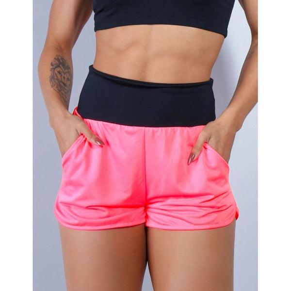 Short Fitness Dry Fit Rosa Neon com Bolsos e Cós Preto | Ref: 4.4.4391-3901