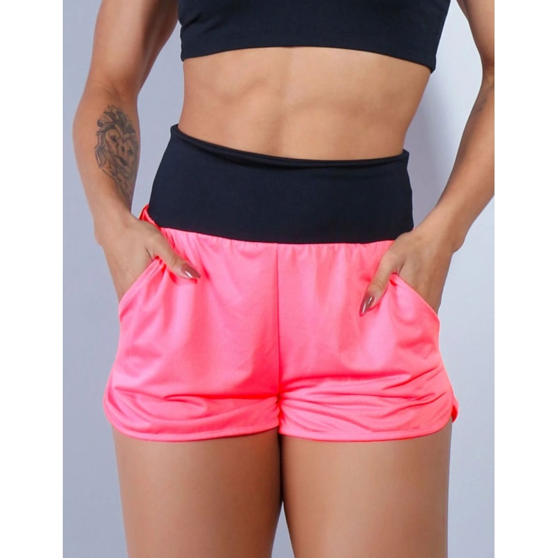 Short Fitness Dry Fit Rosa Neon com Bolsos e Cós Preto | Ref: 4.4.4391-3901