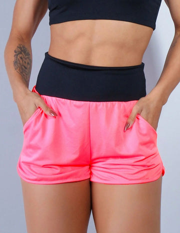 Short Fitness Dry Fit Rosa Neon com Bolsos e Cós Preto | Ref: 4.4.4391-3901
